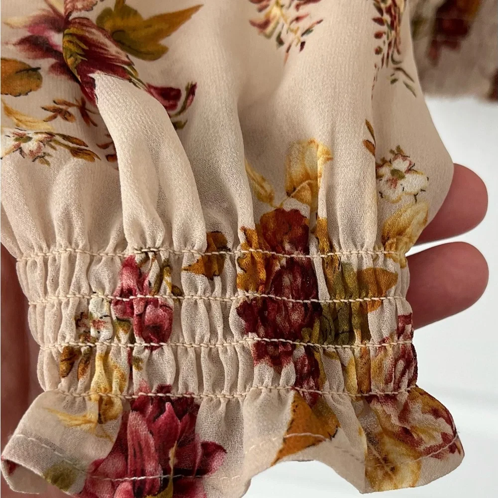 CLEO-Floral Smocked Blouse | Long Sleeve Sheer Boho Top | Size Small - Picture 6 of 14